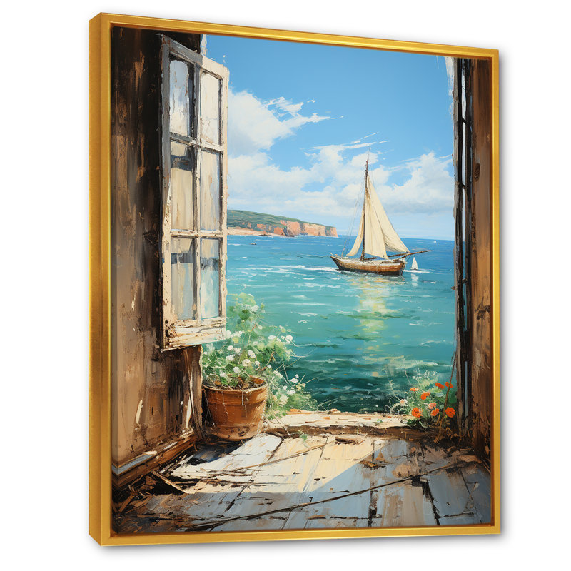 Sailing Boat Ocean Windows View II - Coastal Windows Wall Art, 40" H x 30" W x 1.5" D, Gold Floater Framed