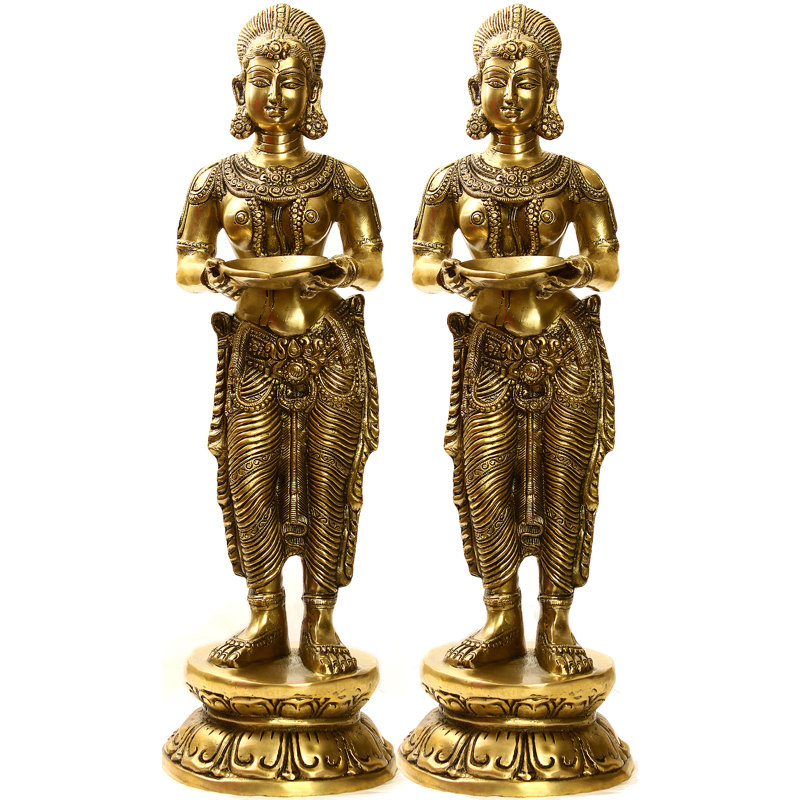 Paire de statues 26 "en laiton massif Deeplakshmi | Lampe sur pied indienne traditionnelle Diya à l'huile pour grand hall d'entrée et décor de temple
