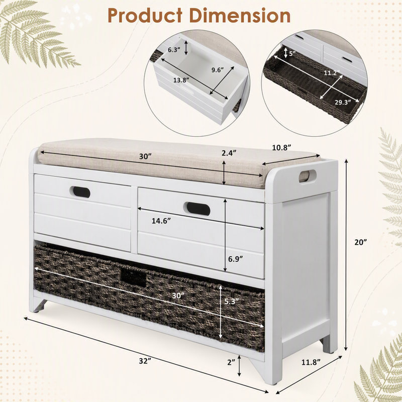 Banc de rangement avec panier amovible et 2 tiroirs