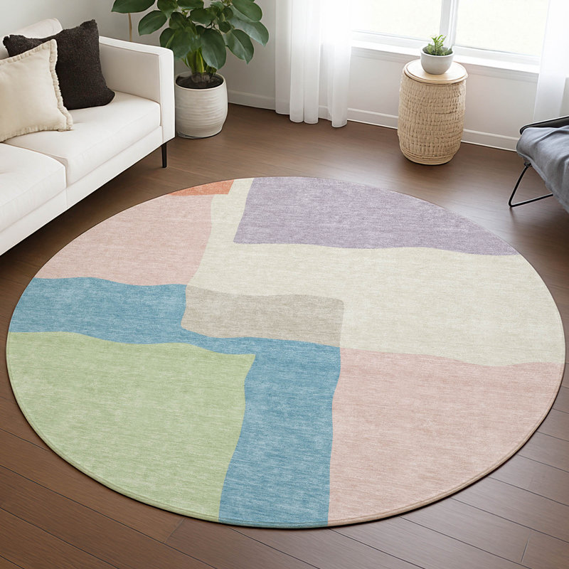 Machine Washable Indoor/Outdoor Kugler ACN2400 Abstract Rug, Round 8'