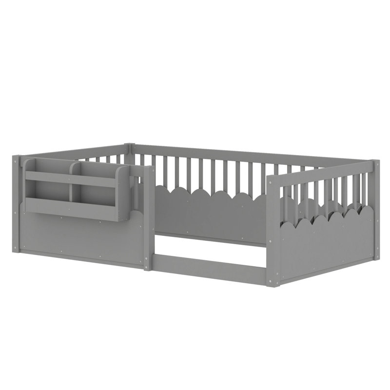 Taquile Kids Wood Floor Bed with Fence & Built-In Bookshelf, Gray, Twin