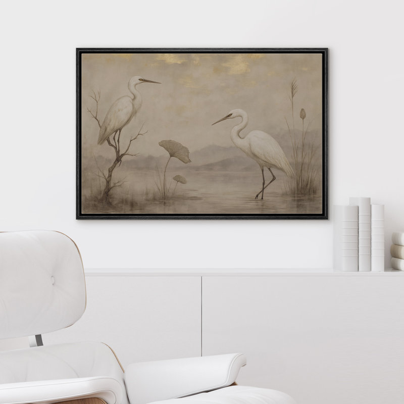 «Elegant White Egrets Lake Botanical Nature Scene», reproduction d'art sur toile encadrée dans la chambre principale