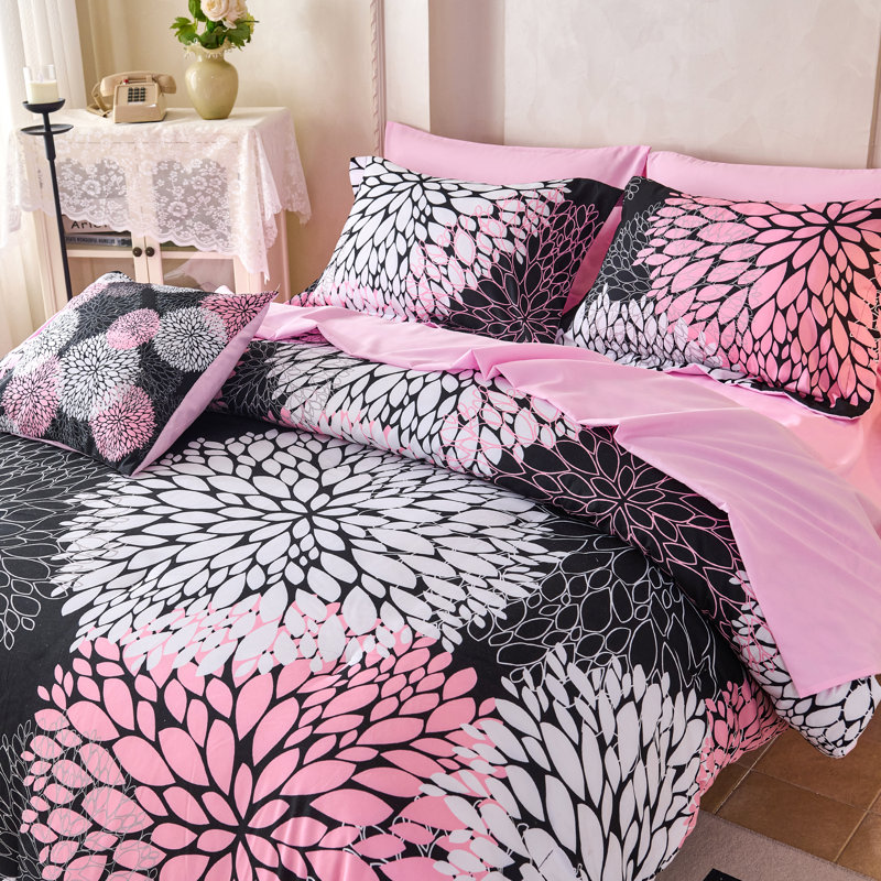 Ensemble d'édredon à motif floral noir et rose 8 pièces Koniroom, lit fleur réversible dans un sac, Noir