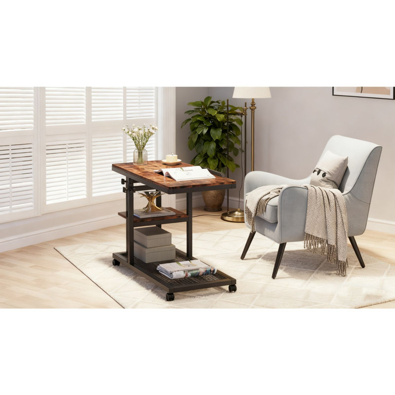 Table roulante ajustable de 32 po de largeur - plateau inclinable + poche latérale + tablette de rangement, table mobile pour ordinateur portable (brun rustique)