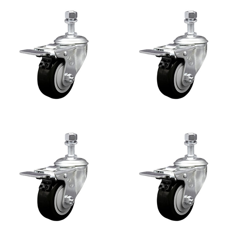 3.5 Inch Polyurethane Swivel 12mm Stem Caster Set Total Lock Brake SCC, Noir