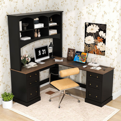 Bureau d'ordinateur de coin en L avec huche arquée, plateau pour clavier, bureau en noyer, tiroir classeur et deux centrales électriques