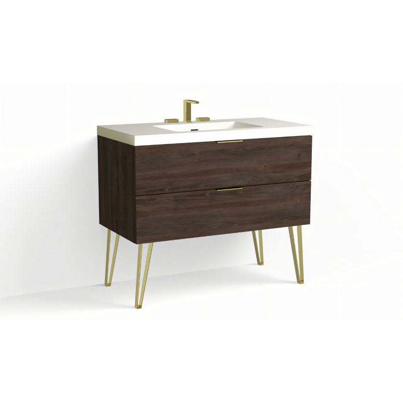 Avila 42" W Freestanding Single Bathroom Vanity with Dawson Leg, Matte White/8" Widespread, Charred, Satin Brass