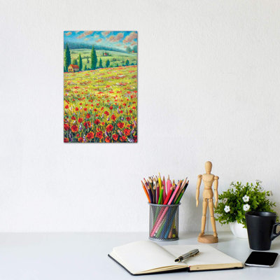 High Cypresses, Field Of Red Poppies, Old Village Houses, Road, Mountains And Blue Sky by Valery Rybakow - Wrapped Canvas Painting