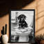 Art encadré noir, un beau chien chevauchant des journaux, impressions encadrées de style rétro-97414987