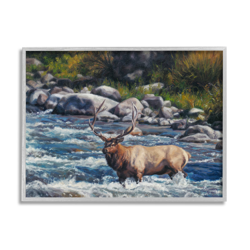 «Crossing The Rapids Elk Wildlife» encadré sur bois par David Graham, peinture, H 11 po x l 14 po x P 1,5 po