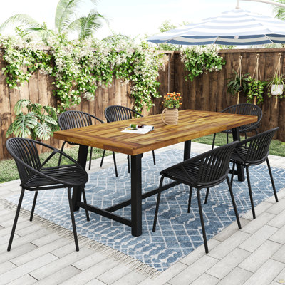 Ensemble de salle à manger d'extérieur moderne 7 pièces avec chaise empilable, noir + teck
