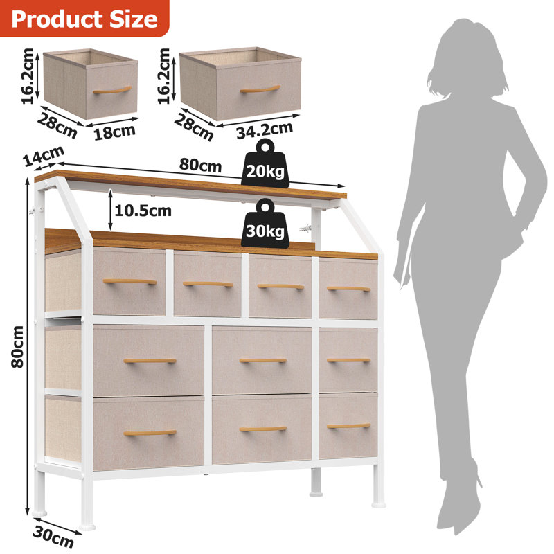 Steel 80 cm W Chest of 10 Drawers, Khaki