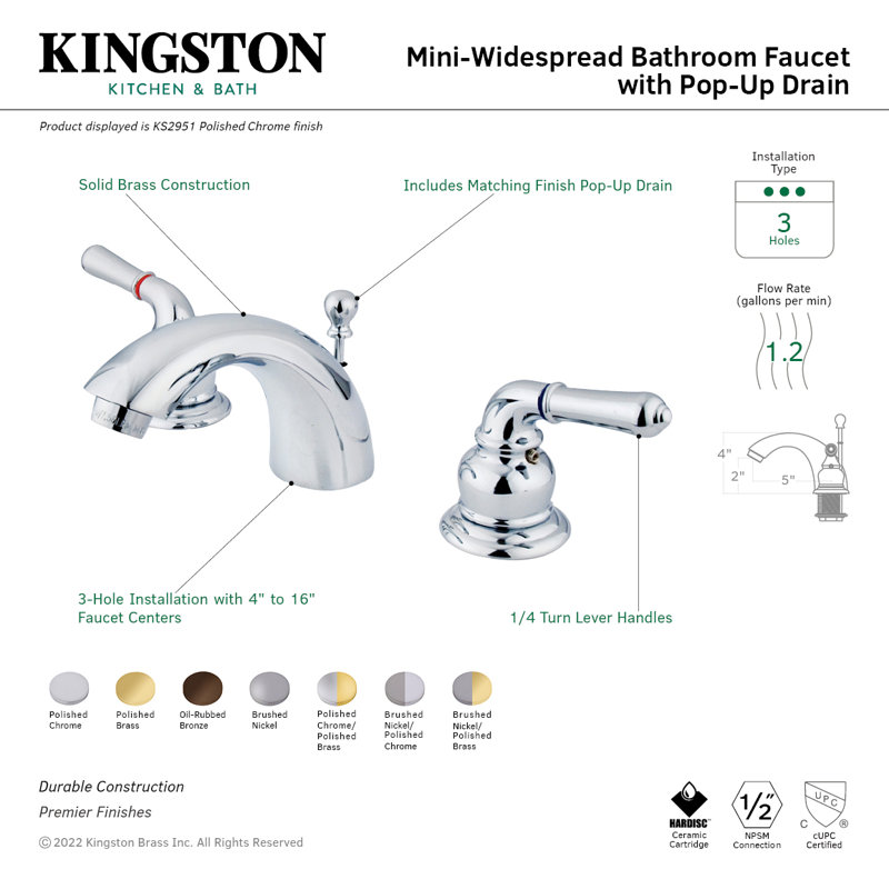 Kingston Brass Two-Handle 3-Hole Deck Mount Mini-Widespread Bathroom Faucet with Brass Pop-Up, Polished Chrome