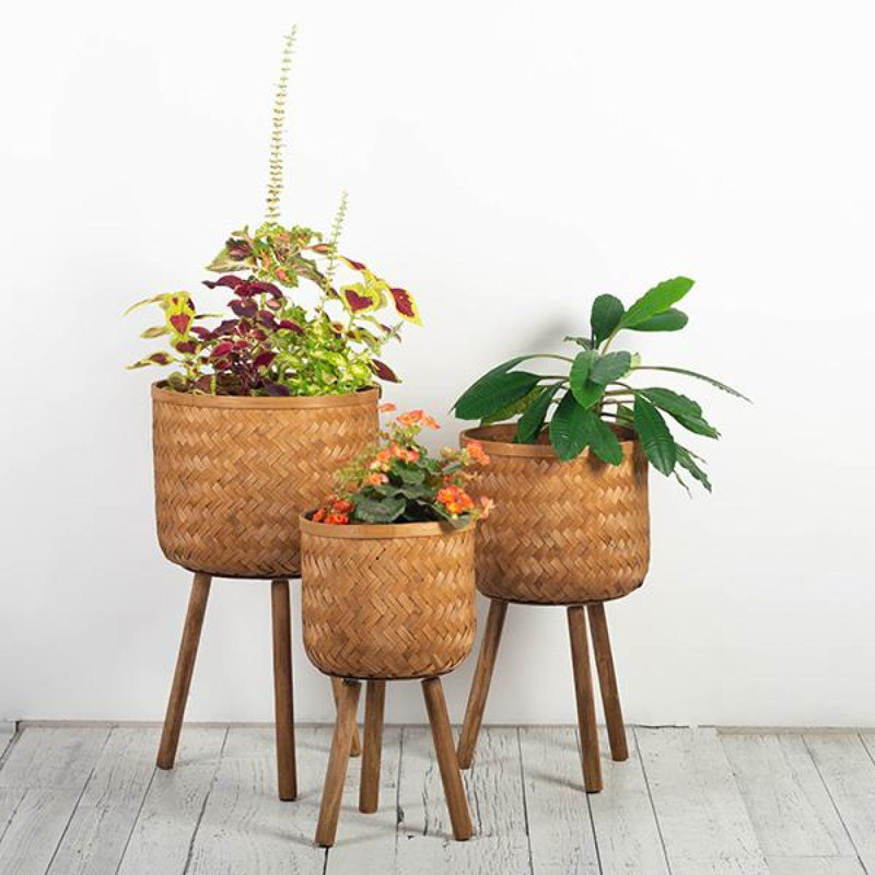 Ensemble de 3 pieds pour plante en bambou blanc délavé sur pieds en bois, Brun