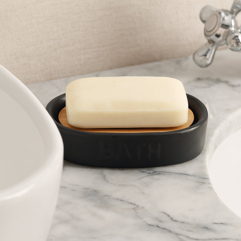Distributeur de savon à vaisselle avec plateau en bambou Bath D Dolomite, Noir / bambou