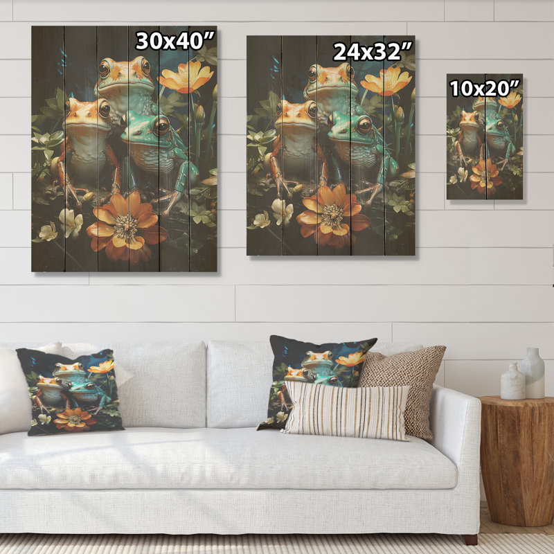 «Emerald Pond Harmony - Frogs & Toads», art mural sur bois de pin naturel, H 20 po x l 10 po
