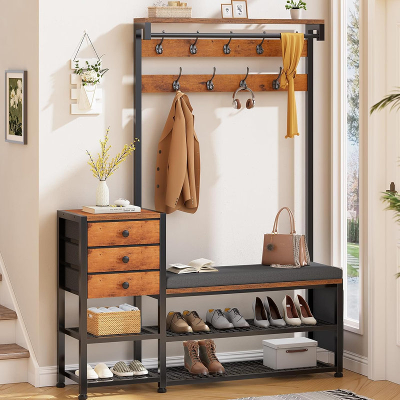 Hall Tree With Bench And Shoe Storage,7-in-1 Entryway Bench With Coat Rack, Hall Tree With Storage Bench, Hangrod And 9 Hooks