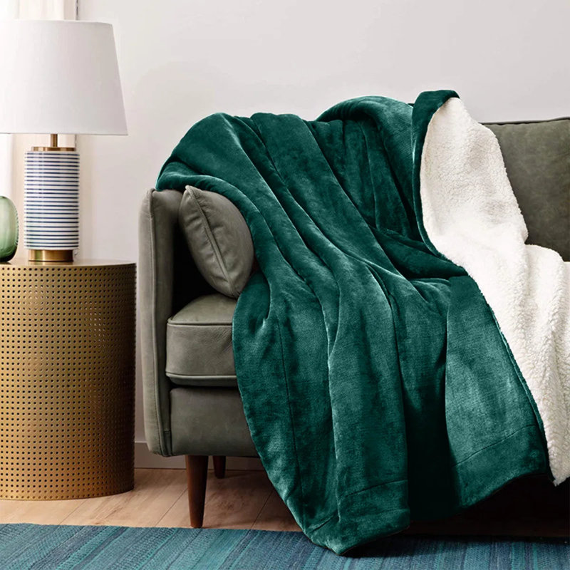 Super Soft Sherpa Fleece Fur Thick Dual Sided Flannel Reversible Blanket Throw, King 200cm x 240cm, Emerald
