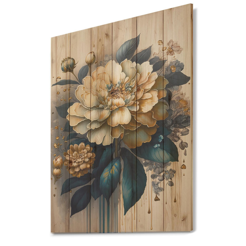 Fleurs de zinnia jaune foncé et bleues II - impression sans cadre sur bois, H 20 po x l 12 po x P 1 po