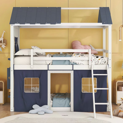 Full Size Bunk Wood House Bed With Elegant Windows, Sills And Tent