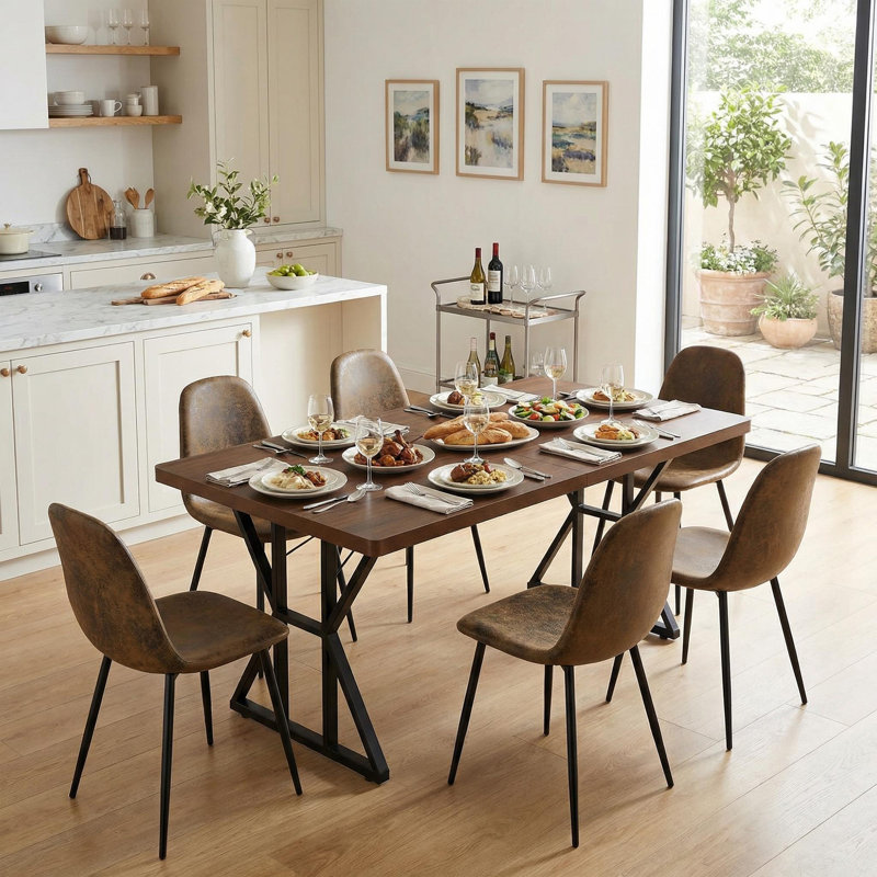 7 Piece Dining Set For 6, 6 Suede Chairs And 1 Table, Black Metal Legs, 63" X 35" Table, Ergonomic Design, Brown