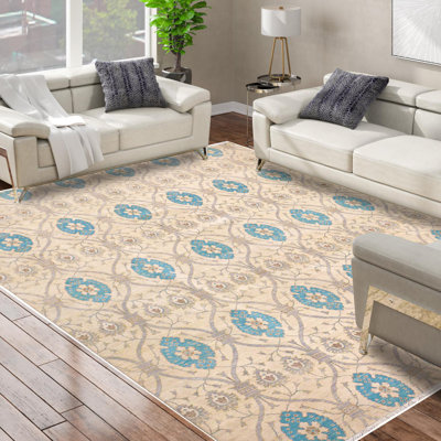 Tapis ivoire / bleu en laine noué à la main à motif géométrique 11 pi 8 po x 14 pi 11 po