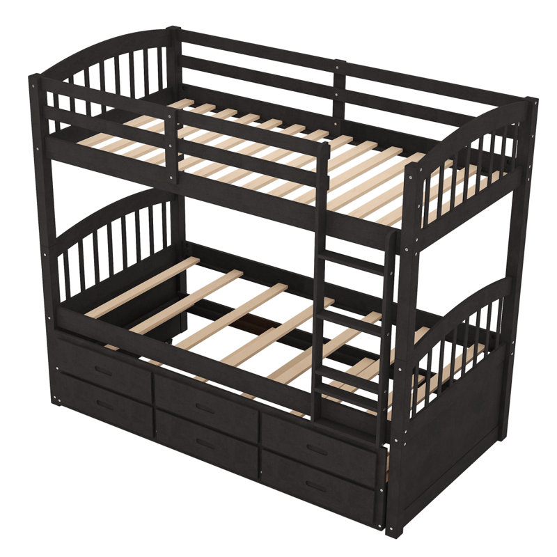 Twin Over Twin Wood Bunk Bed With Trundle And Drawers, Espresso