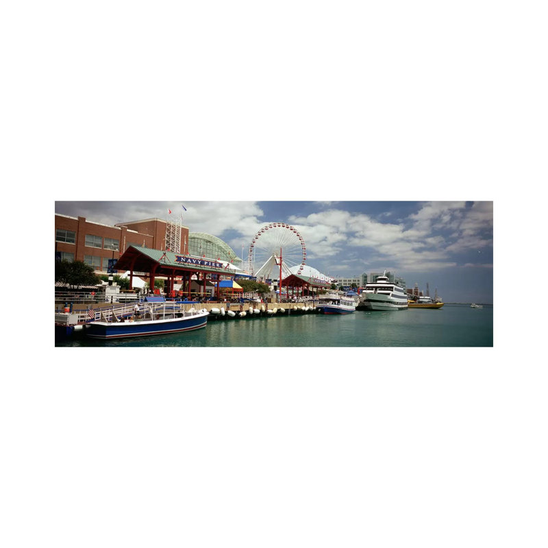 Boats Moored At A Harbor, Navy Pier, Chicago, Illinois, USA - Wrapped Canvas Panoramic Print