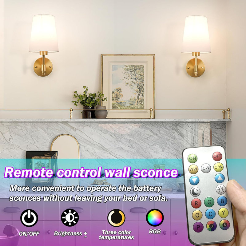Battery Operated Sconces Set Of 2 - Up To 50 Hrs Runtime, RGB Colour Changing, Remote Control, Rechargeable Cordless Design