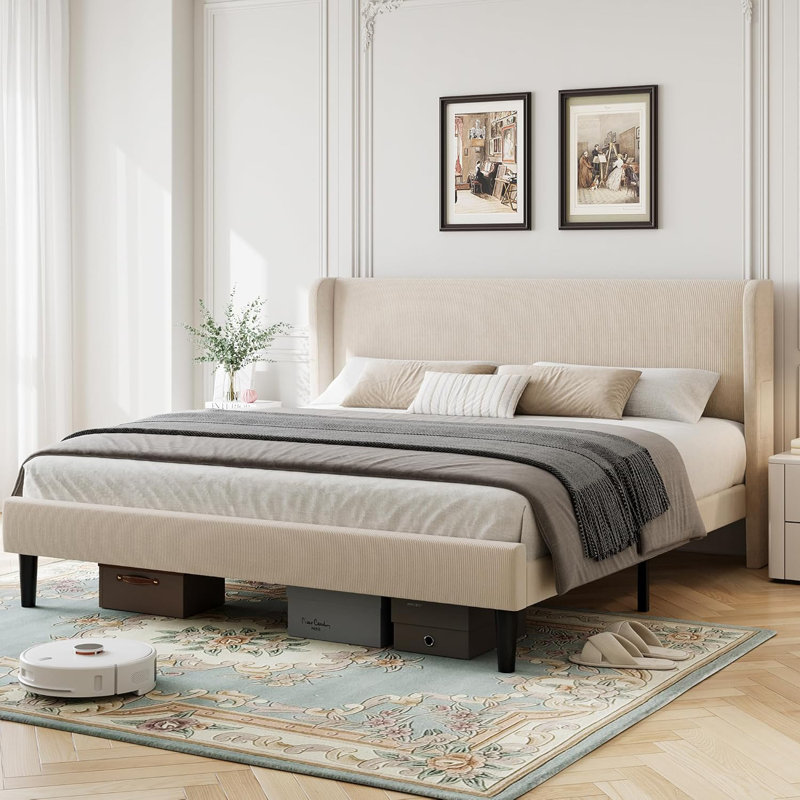 Bed Frame With Headboard, Upholstered Bed Frame With Wood Slats, Sturdy Support Feet, No Box Spring Needed, Queen, Beige