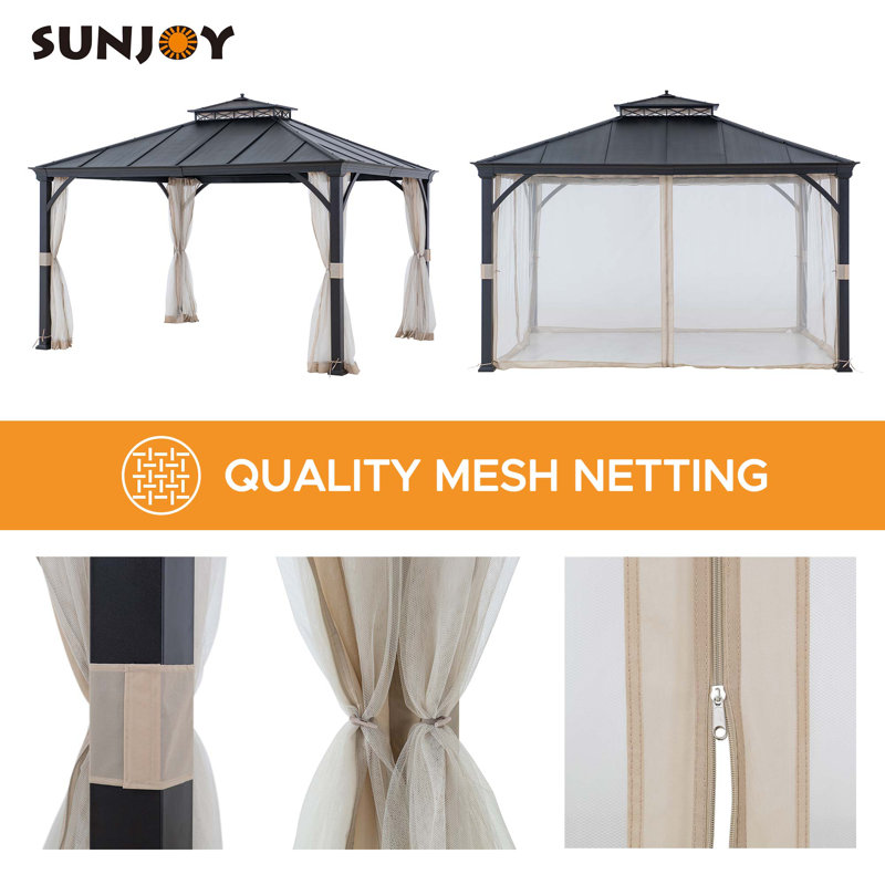 Sunjoy Black Metal 11x13 ft Hardtop Gazebo with Mesh Netting