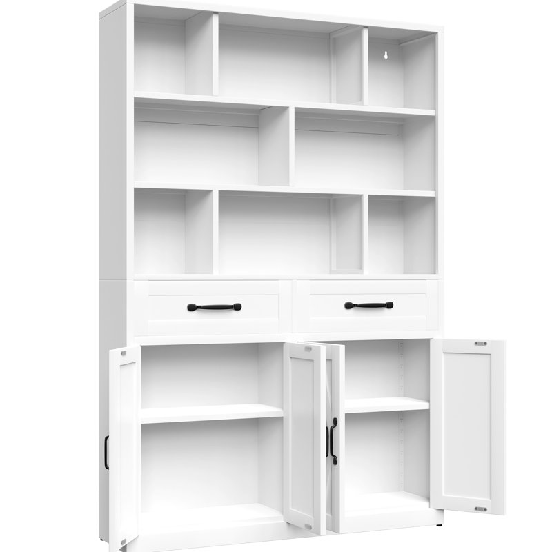 Bibliothèque de 71 po de hauteur avec tiroirs et armoires à portes pour le salon ou le bureau, installation facile 2 chambres, coffre-fort élégant
