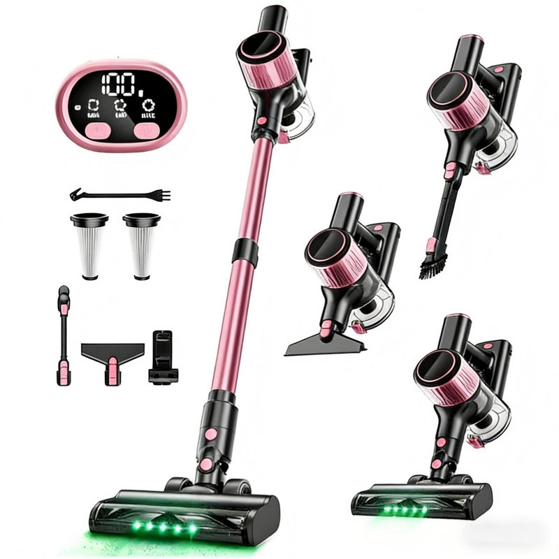 Cordless Vacuum Cleaner, 8 in 1/45Kpa Powerful Suction Lightweight stick vacuum for Home，LED Display, 3 Suction Modes, Upgraded Anti-Tangle Brush and  Green Light ，45Mins Detachable Battery Vacuum for Hard Floor Carpet Pet Hair, Pink