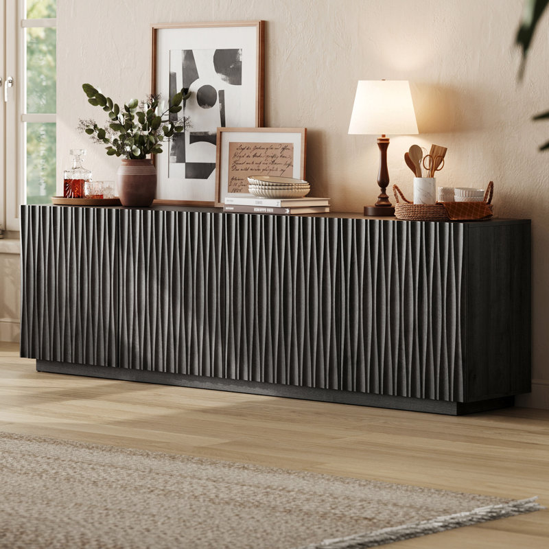 Buffet 70 po style Mid-Century cannelé moderne avec tablettes réglables, console de télévision, rangement décoratif pour le salon, la salle à manger, le vestibule, noir 