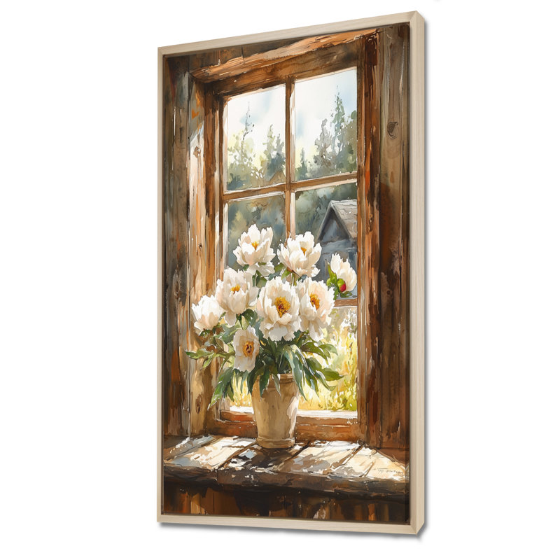 Pivoine à la fenêtre de la grange III - pivoines, art encadré, H 60 po x l 28 po, Reproduction avec cadre flottant