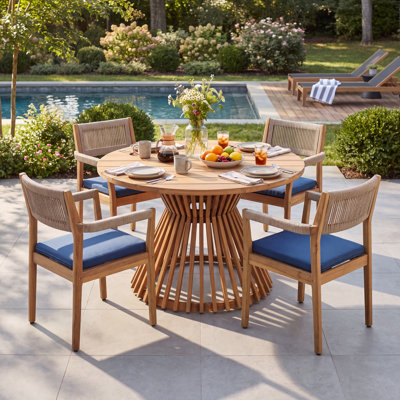 Ensemble de salle à manger de patio en bois d'acacia Mid-Century pour 4 personnes avec table à piédestal ronde et chaises en corde Cieanna