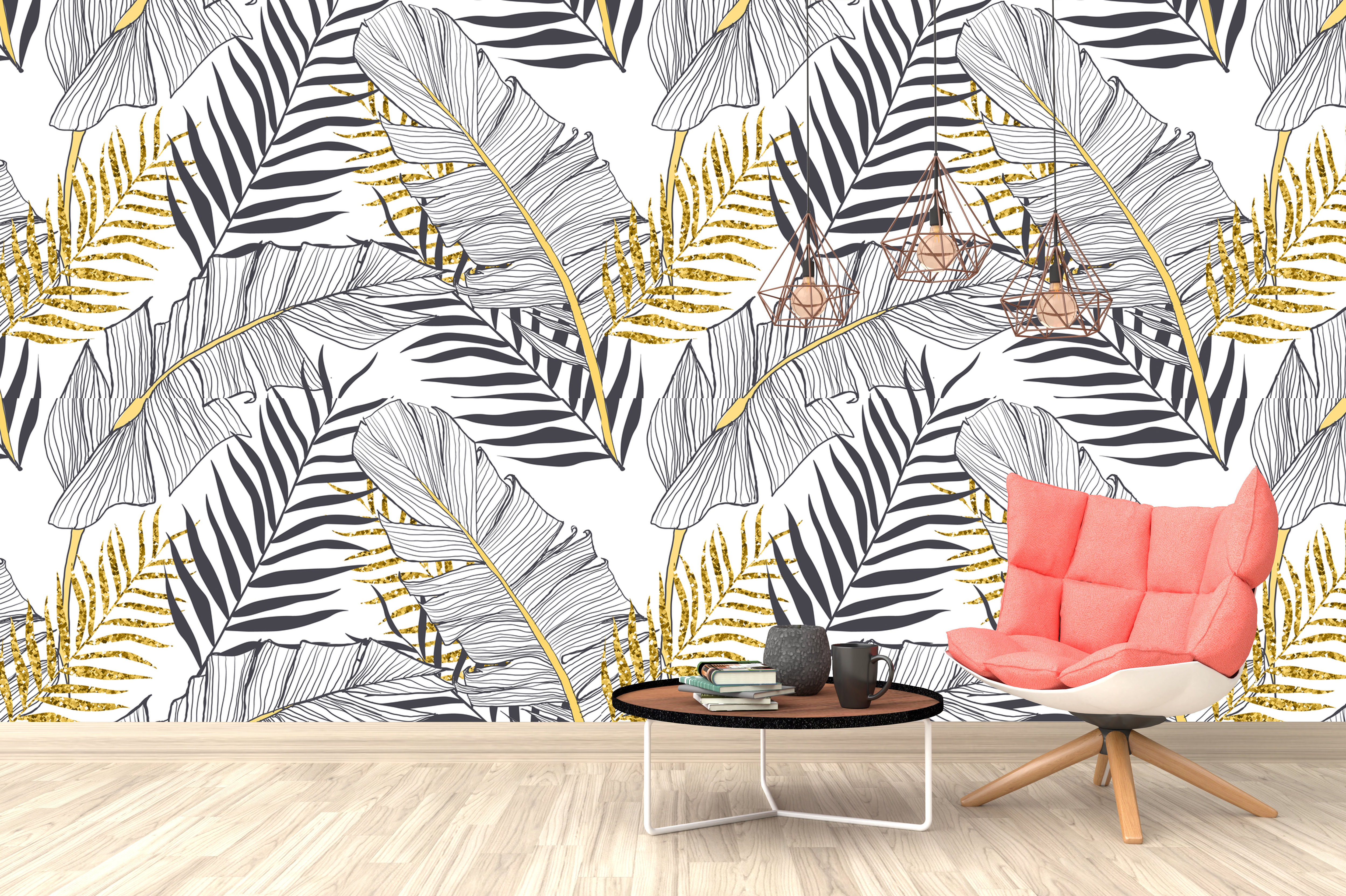 Mercer41 Peel And Stick Black White Gold Exotic Tropical Leaves ...