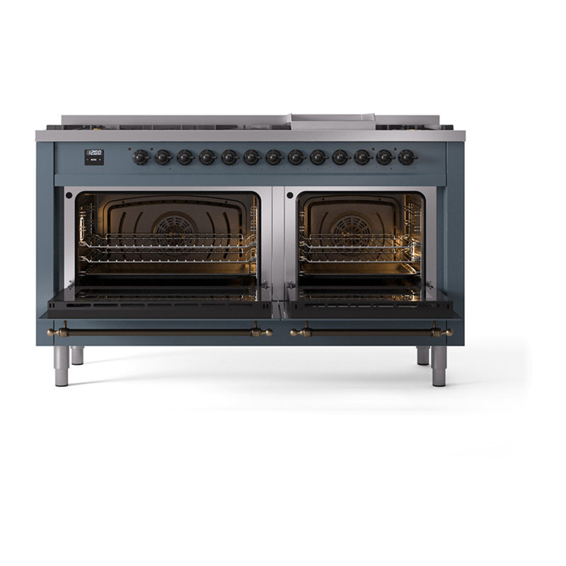 ILVE Nostalgie II Noblesse 60 in Dual Fuel Range, 9 Burner, Griddle, Blue Gray/Burnished, Natural Gas