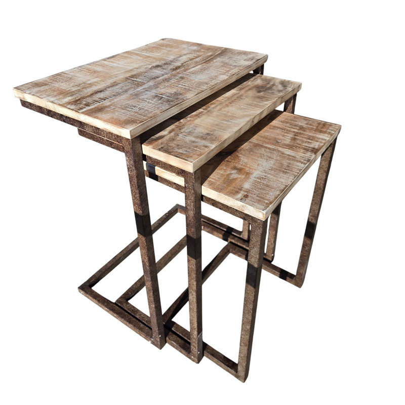 Tables gigognes en bois massif H 23,5 po x l 18 po Kendrik, Bois flottant naturel, Fer vieilli