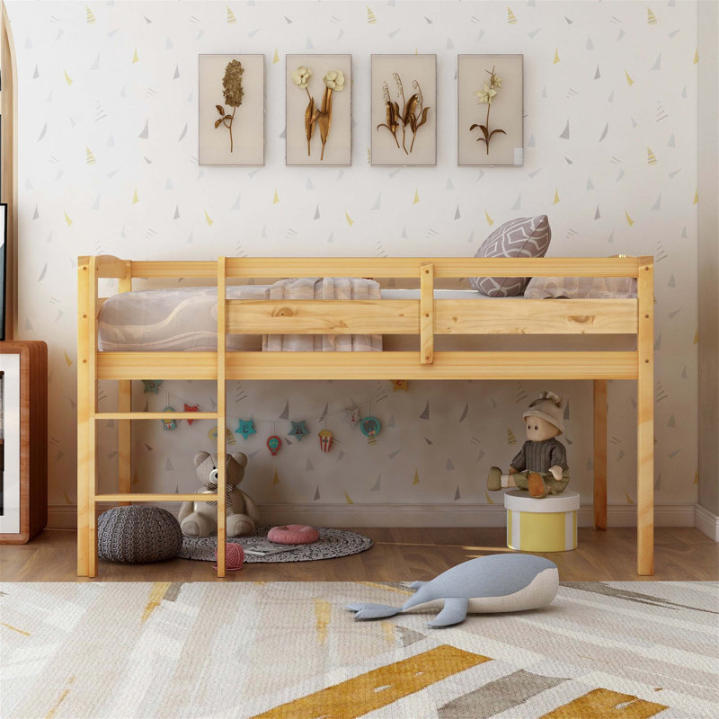 Twin Wood Low Loft Bed With Ladder, Space-Saving Design For Small Rooms And Versatile Use, Walnut Finish