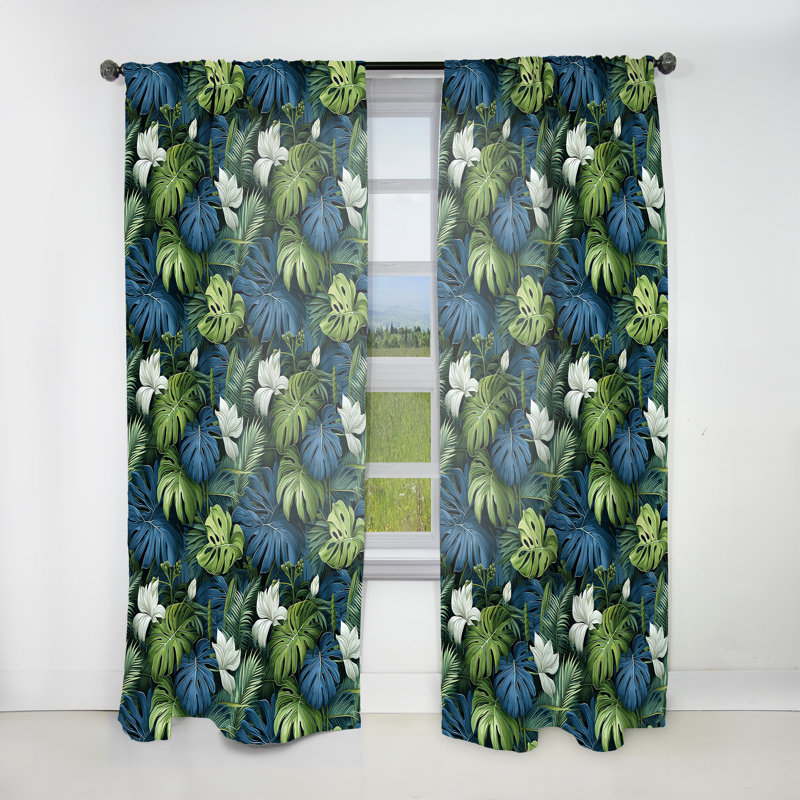 Auvent bleu azur et vert motif tropical II - Rideau tropical - Velours obscurcissant - 1 panneau, L 52 po x L 90 po