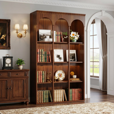 70.9" Tall Walnut Brown Arched Bookcase, Mid-Century 5-Tier Freestanding  Bookshelf for Living Room, Home Office
