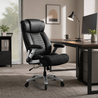 Heavy Duty 500LBS Big and Tall Executive Leather Office Chair, Ergonomic Design with Adjustable Lumbar Support, Extra Wide Seat, Flip-Up Armrest & Smooth Silent Rubber Rolling Casters