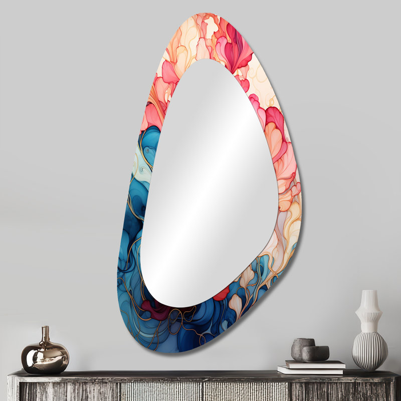 Émergeant corail mystère - grand miroir mural asymétrique abstrait, miroir unique de forme irrégulière moderne, impression d'art en métal