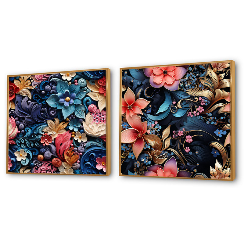 Sprimont - Ensemble de 2 collages floraux et botaniques carrés, Cadre flottant doré, H 30 po x l 61 po