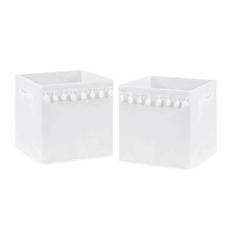 White Fabric Foldable Storage Bins with Pom Pom Trim, Set of 2