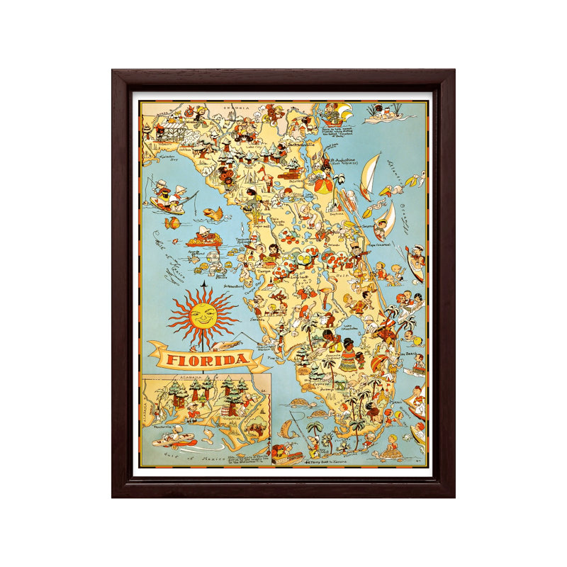 Carte illustrée de la Floride, Canevas, H 12 po x l 16 po, Encadrement brun