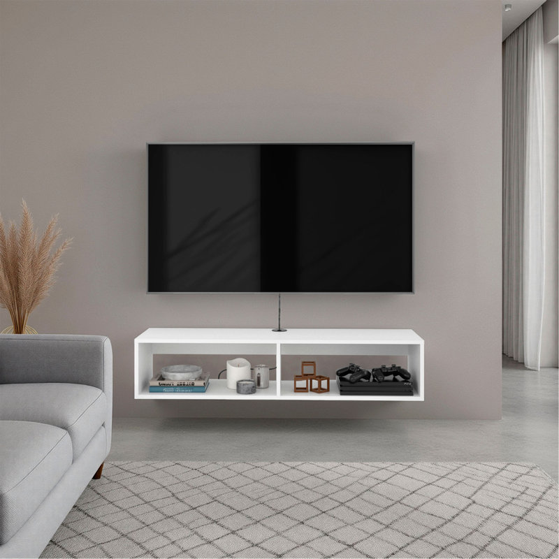 Meuble télé arctique blanc avec tablettes ouvertes pour rangement, design moderne, blanc