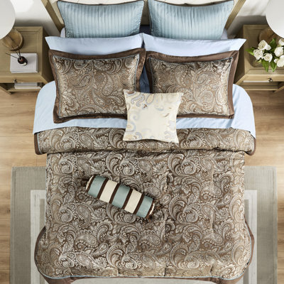12 Piece Comforter For King Bed - Blue/Brown With 100% Cotton Sheets And Chic Paisley Design Size Classy Style