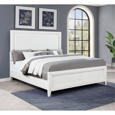 Lit à panneau tapissier blanc de très grande taille, rails bas, finition vieillie pour un intérêt visuel, lit additionnel avec cadre de décoration de chambre à coucher, tête de lit rembourrée, rails ouverts, pièce essentielle